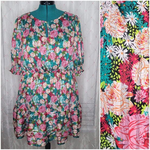 Melloday Pink Teal‎ Floral Puff Sleeve Plissé Easter Bloomcore Minidress Size XL - Picture 1 of 8